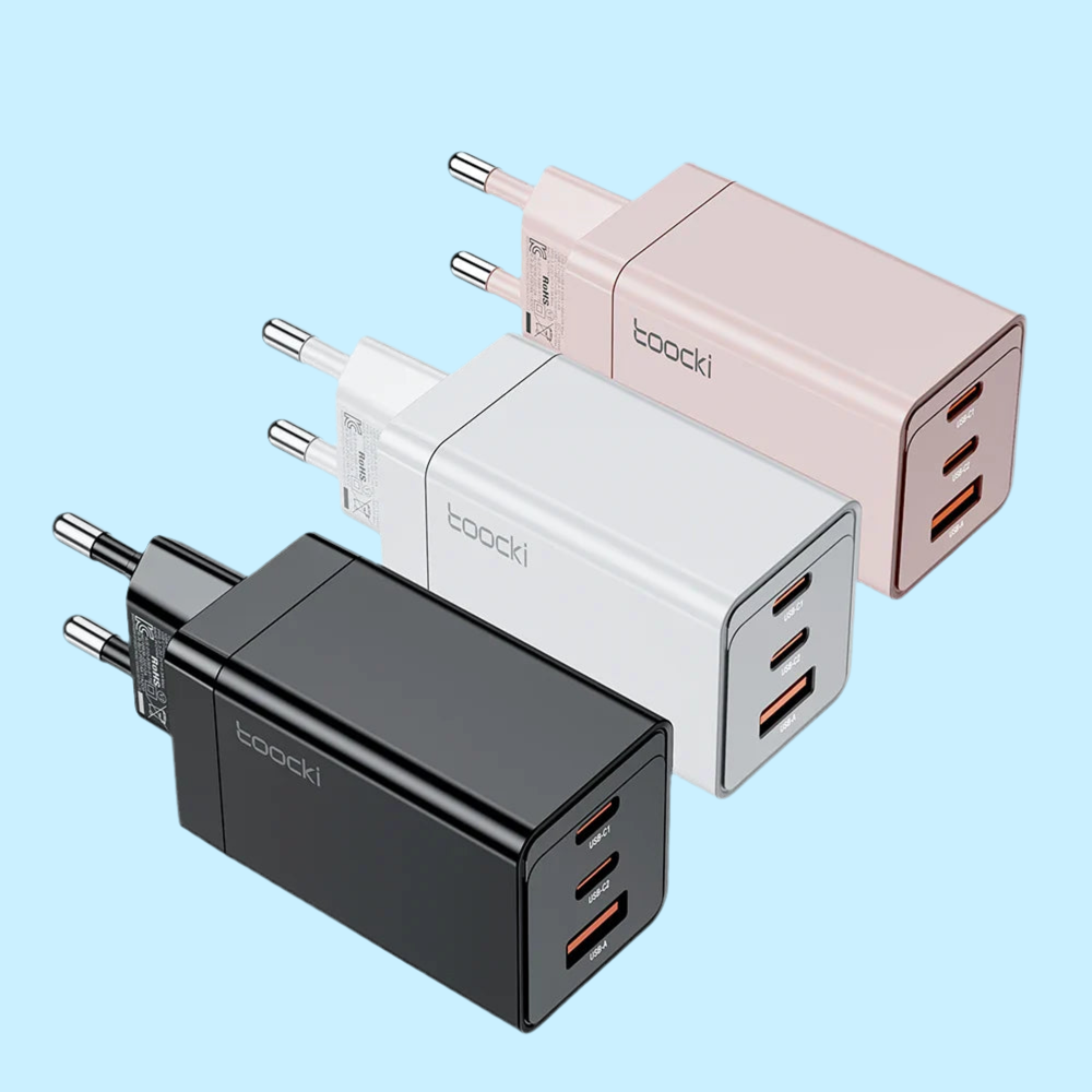 USB wall chargers in black, white, and pink colors with multiple ports.