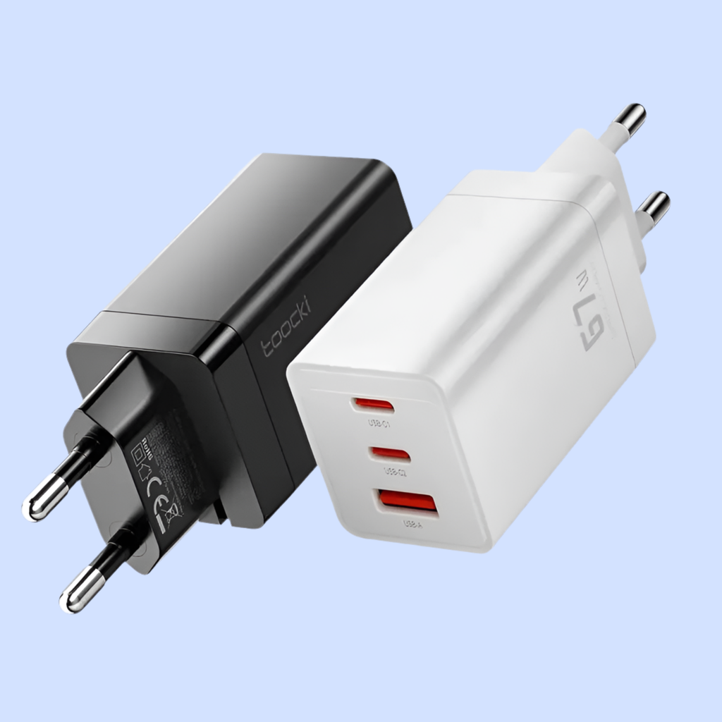 USB wall chargers, one black and one white, with multiple ports.