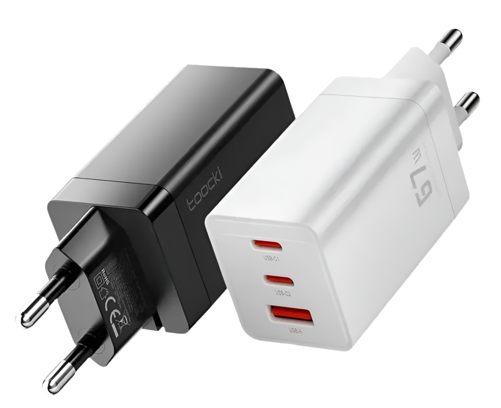 USB wall chargers with multiple ports in black and white colors.