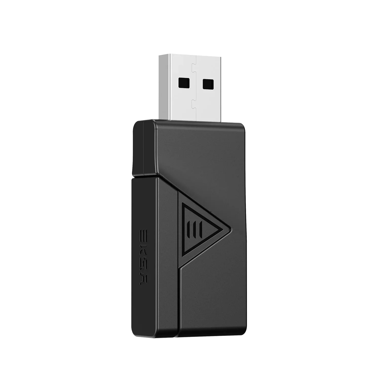 USB wireless adapter with a triangular play button symbol on its side.