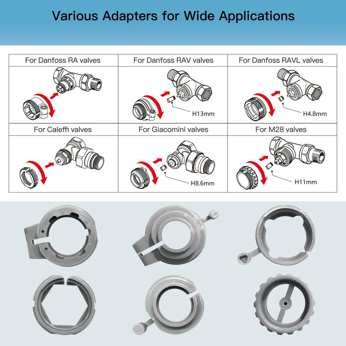 Valve adapter diagrams and parts.