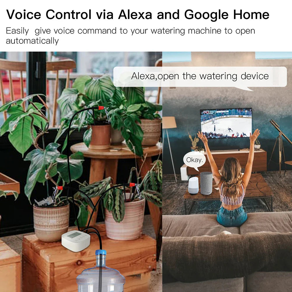 Voice-controlled automatic plant watering system.