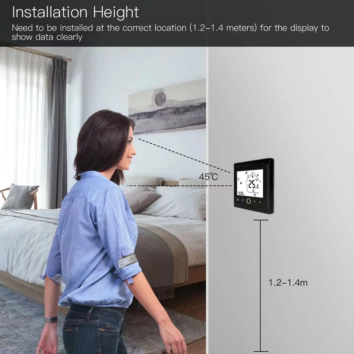 Wall-mounted digital thermostat.