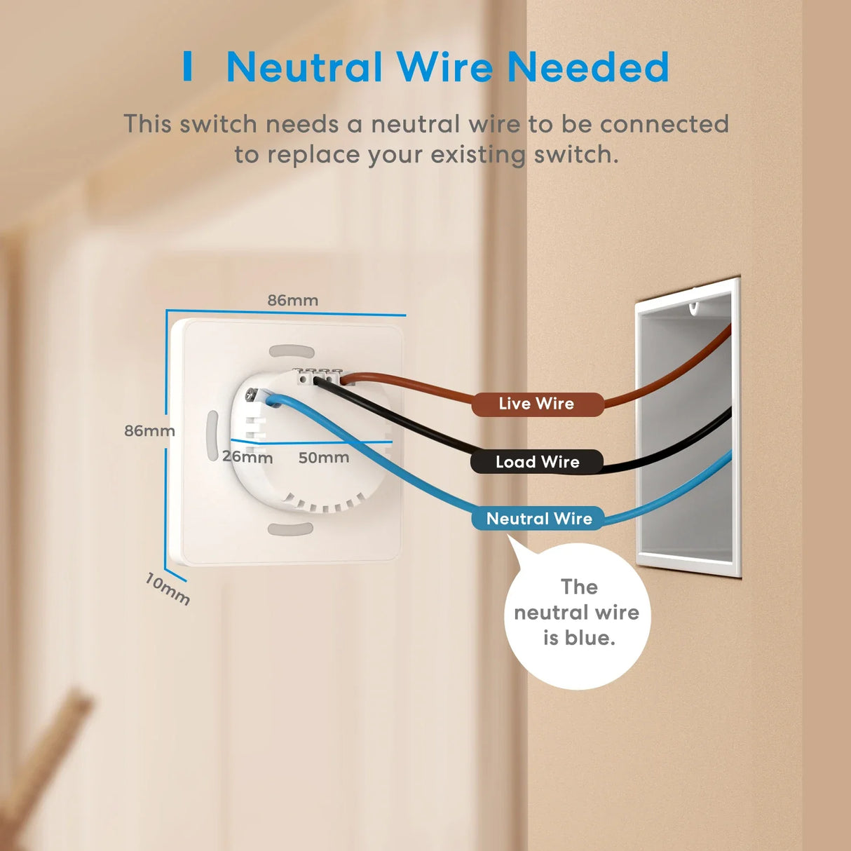 a wall mounted light switch with a wire connected to the wall