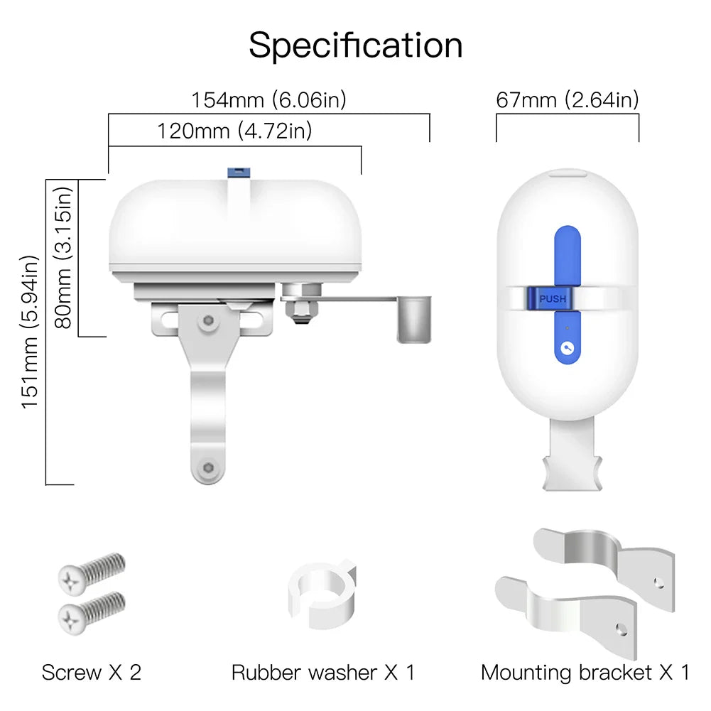 Water level sensor with dimensions and mounting hardware.