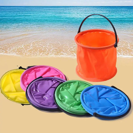 a bucket on the beach with four colors