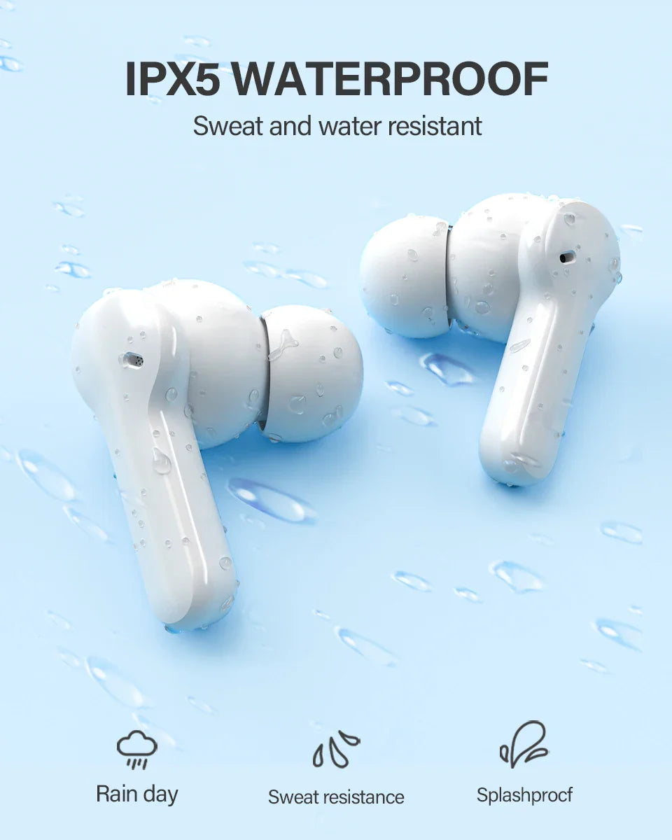 Water-resistant white earbuds.