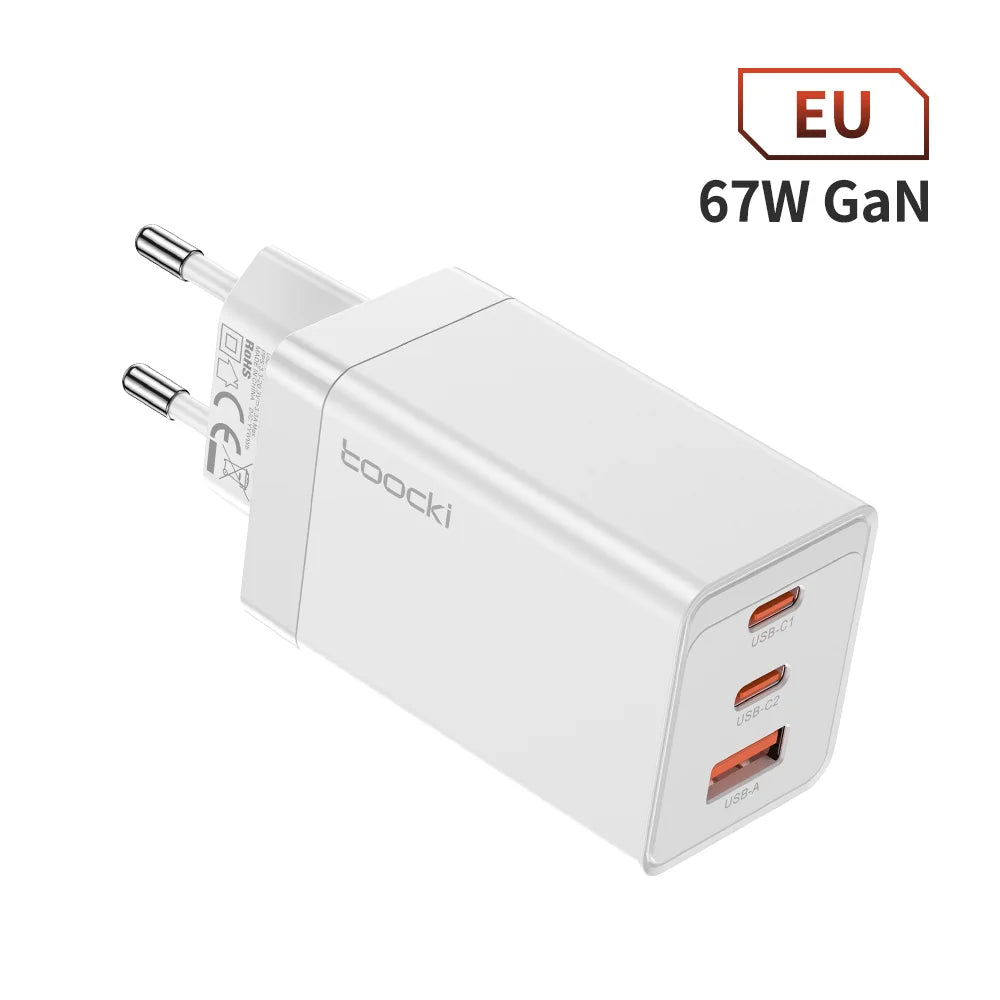 White 67W GaN charger with two USB-C ports and one USB-A port for EU outlets.
