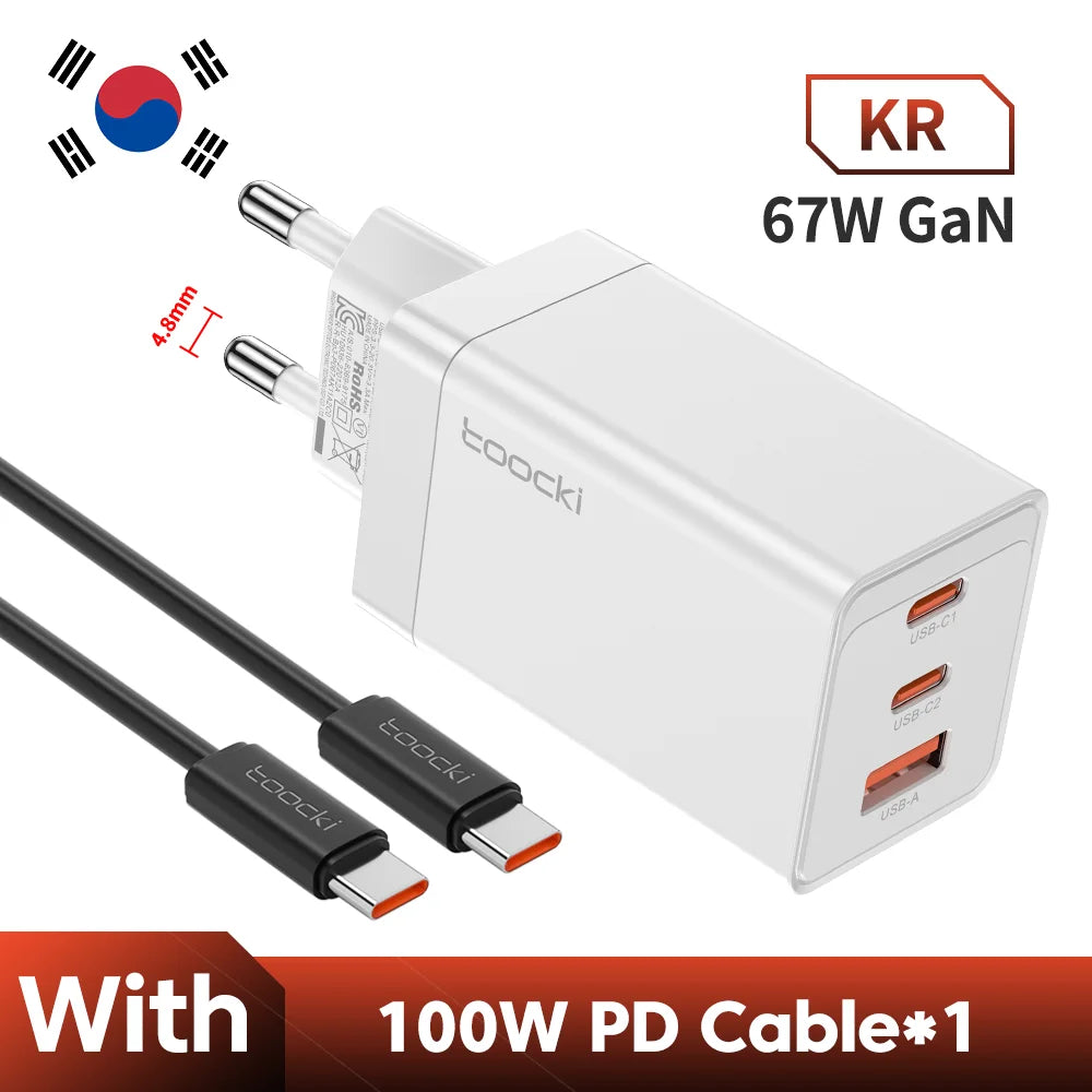 White 67W GaN charger with three USB ports and an included 100W PD cable.