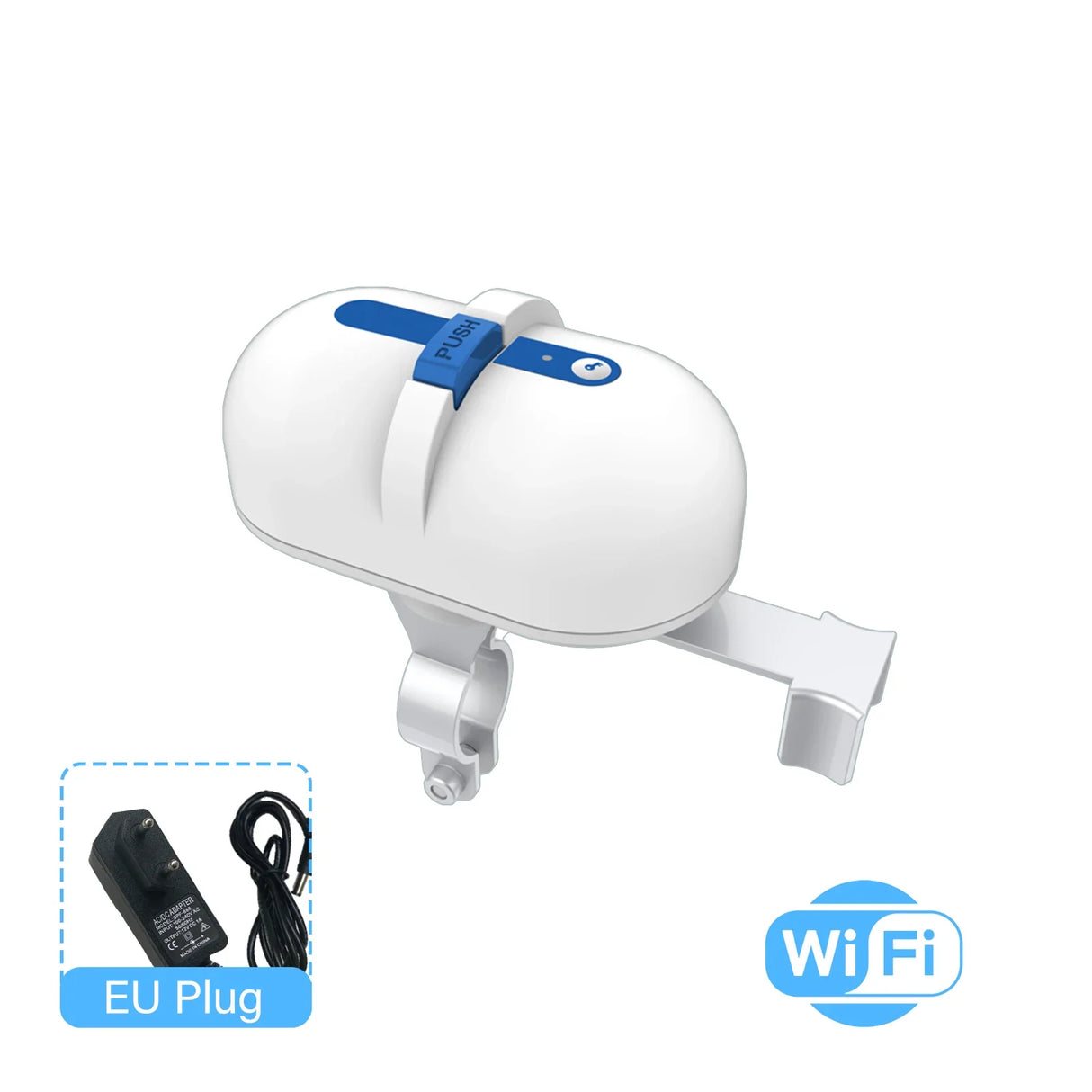 White automatic water valve with blue accents.