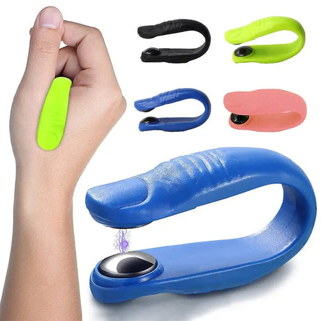 a hand holding a blue and green hand with a pair of scissors