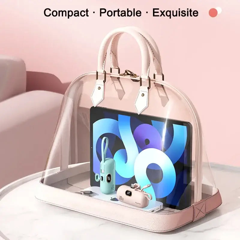 a white bag with a phone inside