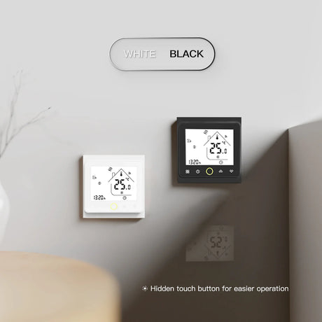 White and black digital thermostats.