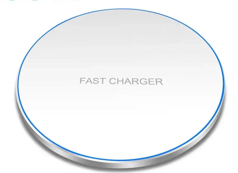 a white and blue wireless charger with the words fast charger on it