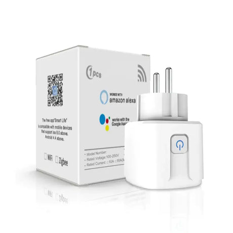 A white box with a white plug and a white box with a blue and yellow logo