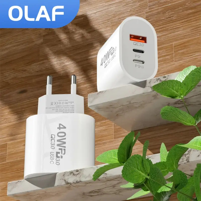 a white wall charger with a plant in the background