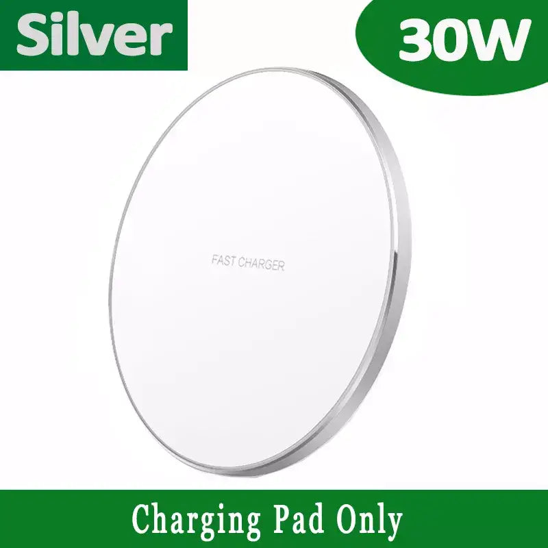 A white charger with the words charging pad on it