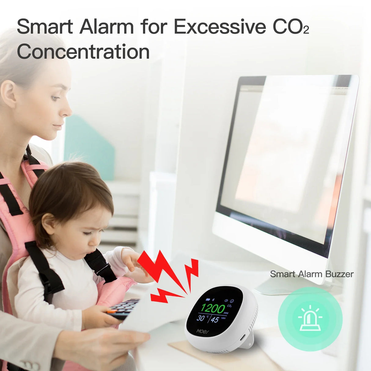 White CO2 alarm with digital display.