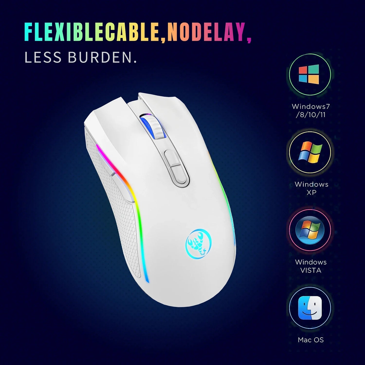 White computer mouse with colorful RGB lighting along its sides.