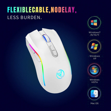 White computer mouse with colorful RGB lighting along its sides.