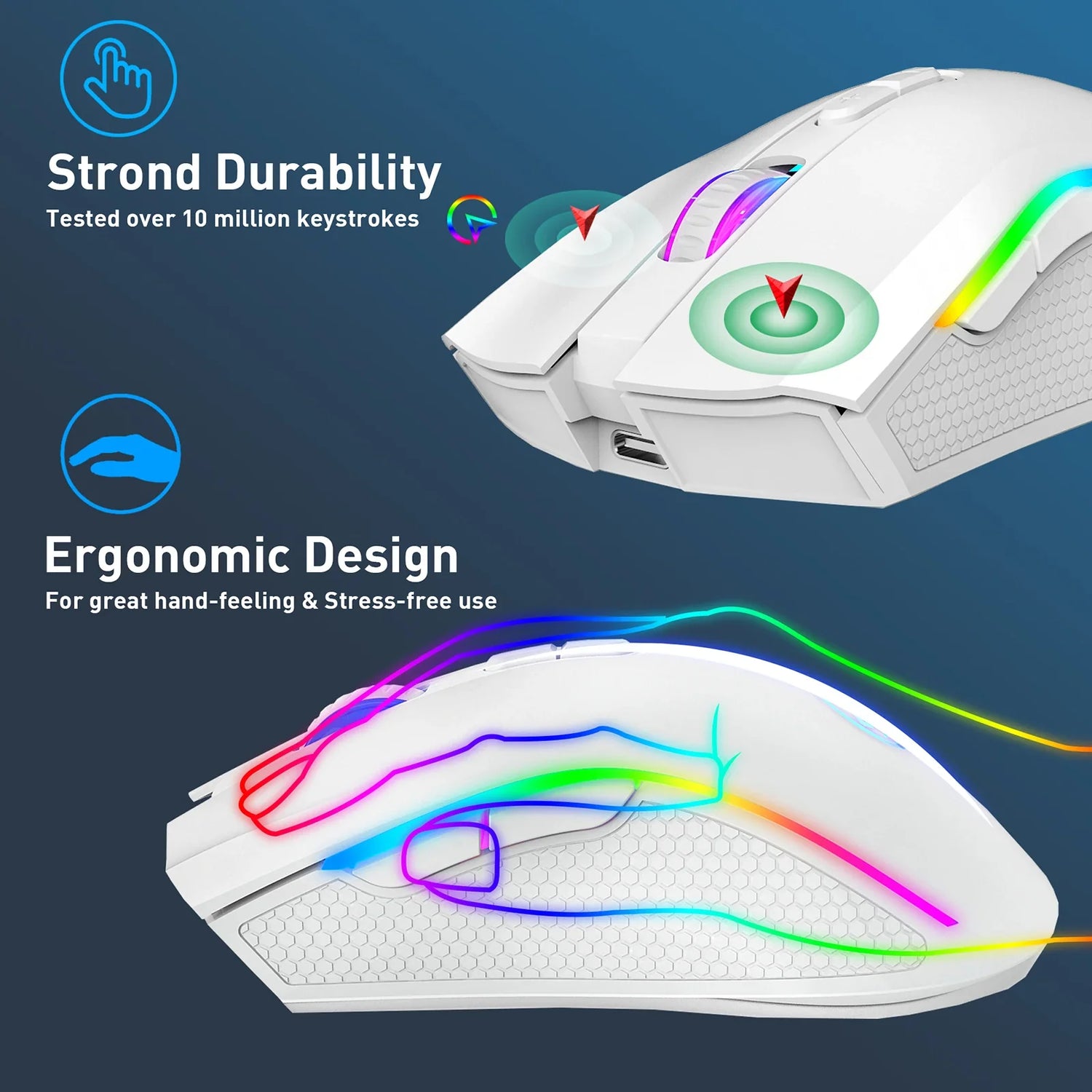 White computer mouse with colorful highlights showcasing durability and ergonomic design features.