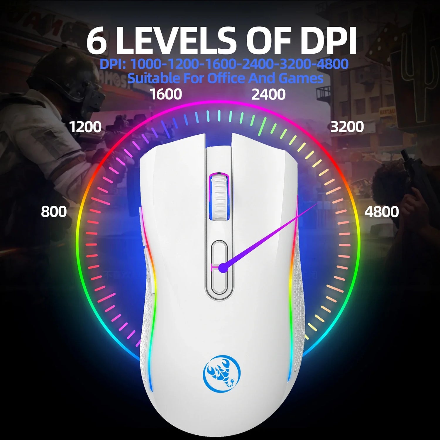 White computer mouse with a colorful circular DPI indicator behind it showing six levels ranging from 800 to 4800 DPI.