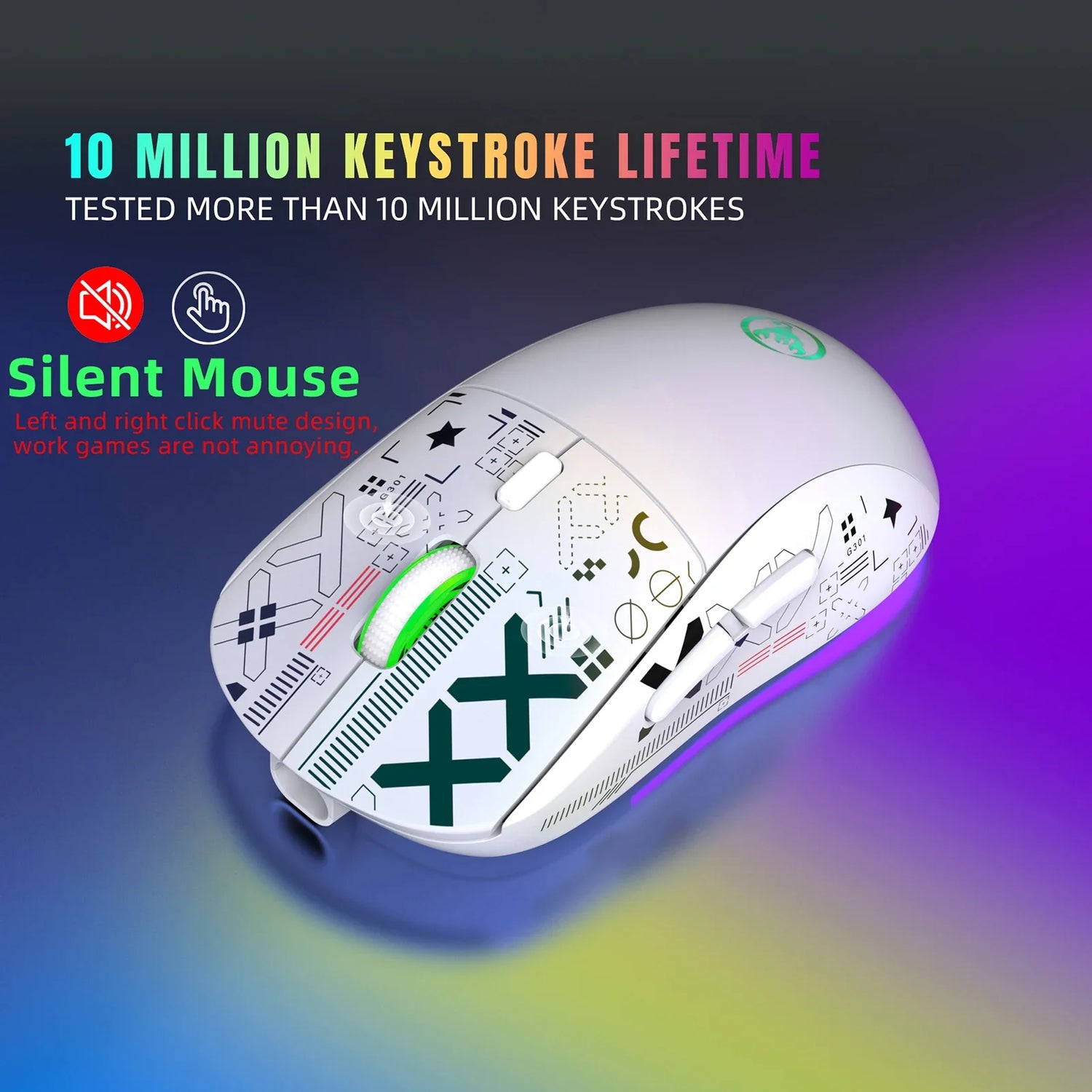 White computer mouse with colorful graphic designs and symbols printed on its surface.