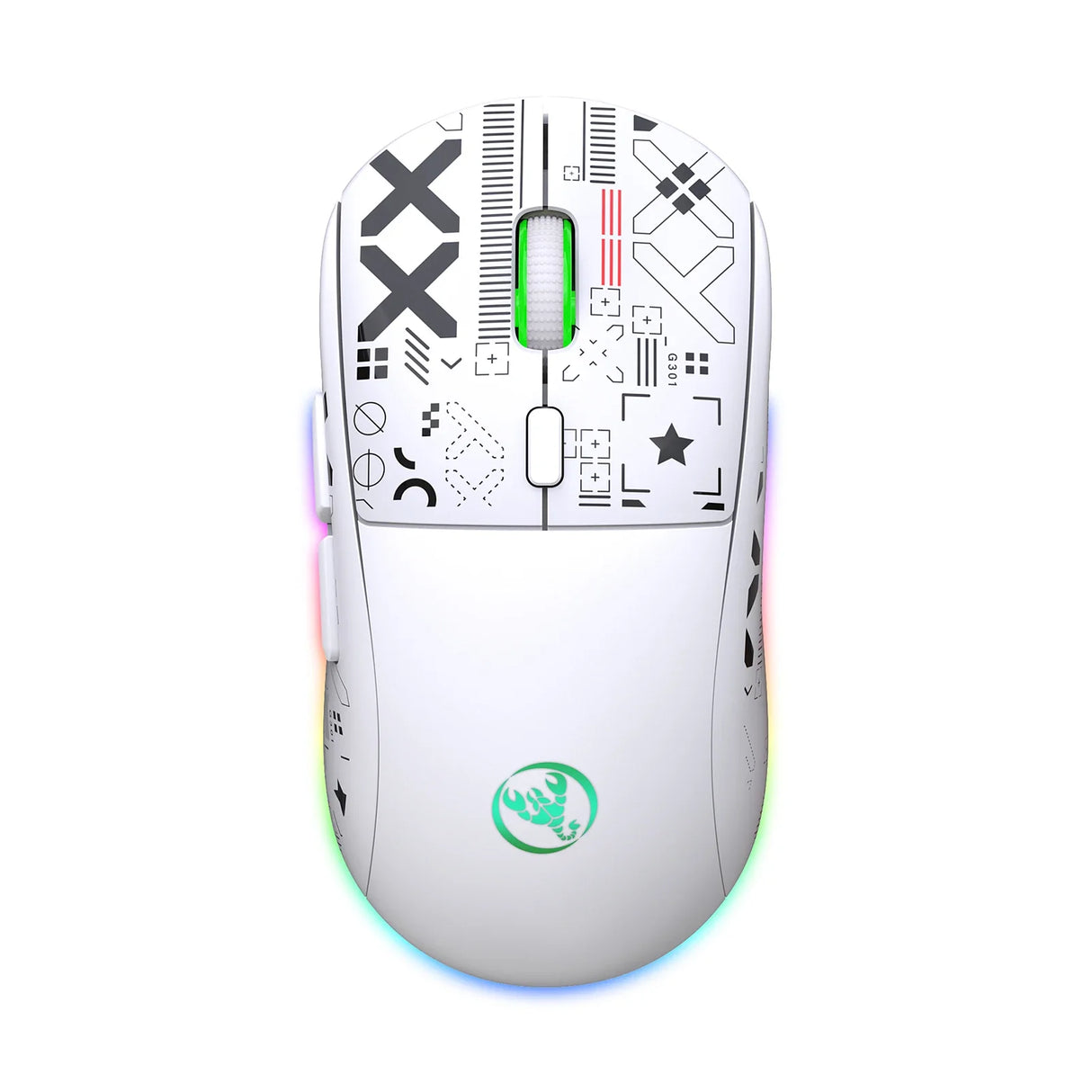 White computer mouse with geometric patterns and a colorful LED light strip around the base.