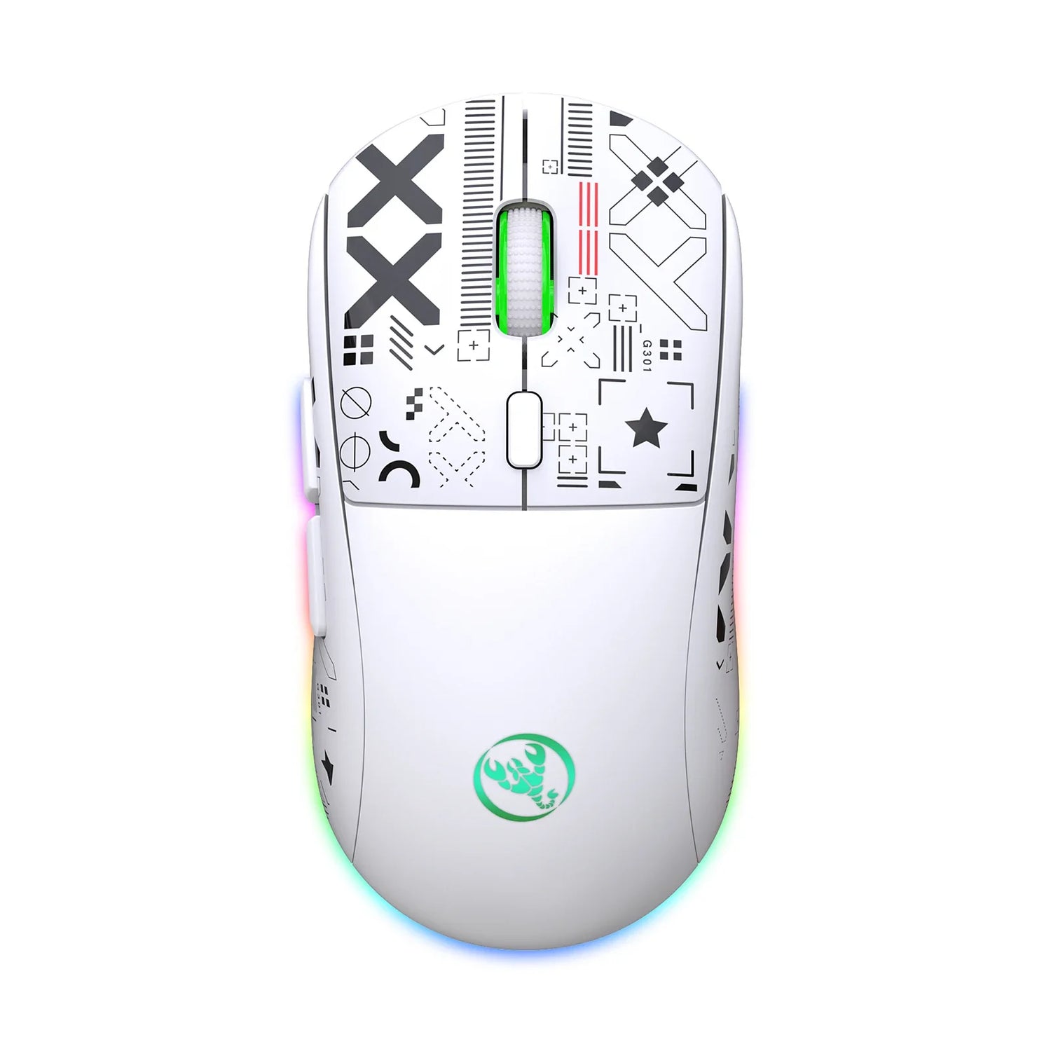 White computer mouse with geometric patterns and a colorful LED light strip around the base.