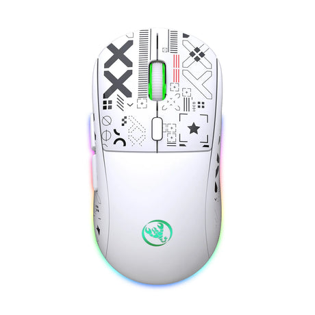 White computer mouse with geometric patterns and a colorful LED light strip around the base.