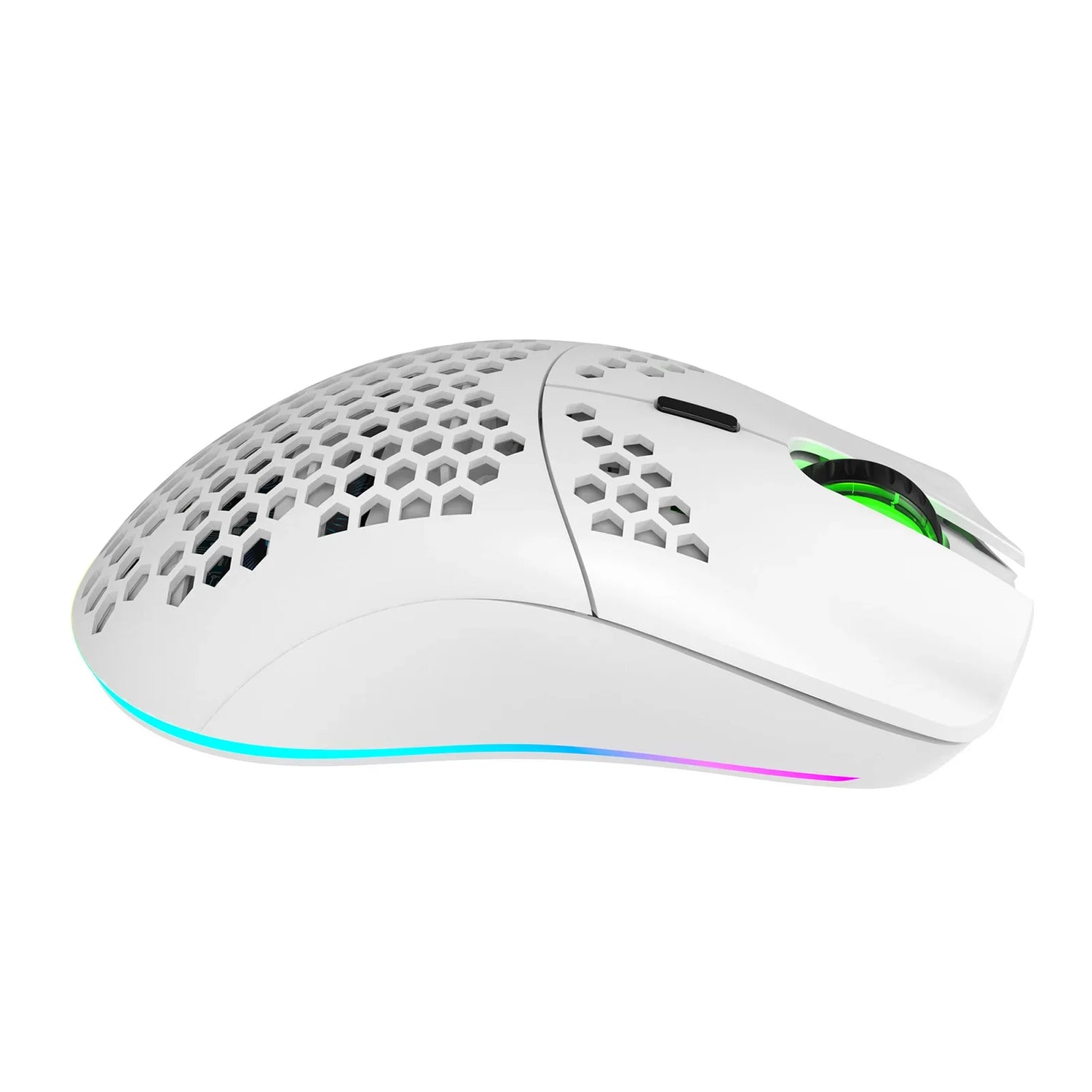 White computer mouse with honeycomb-style perforations and RGB lighting.