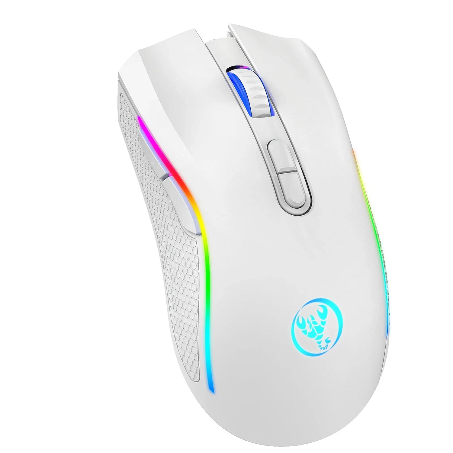 White computer mouse with RGB lighting along its edges and a glowing logo.