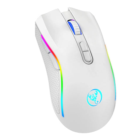 White computer mouse with RGB lighting along its edges and a glowing logo.