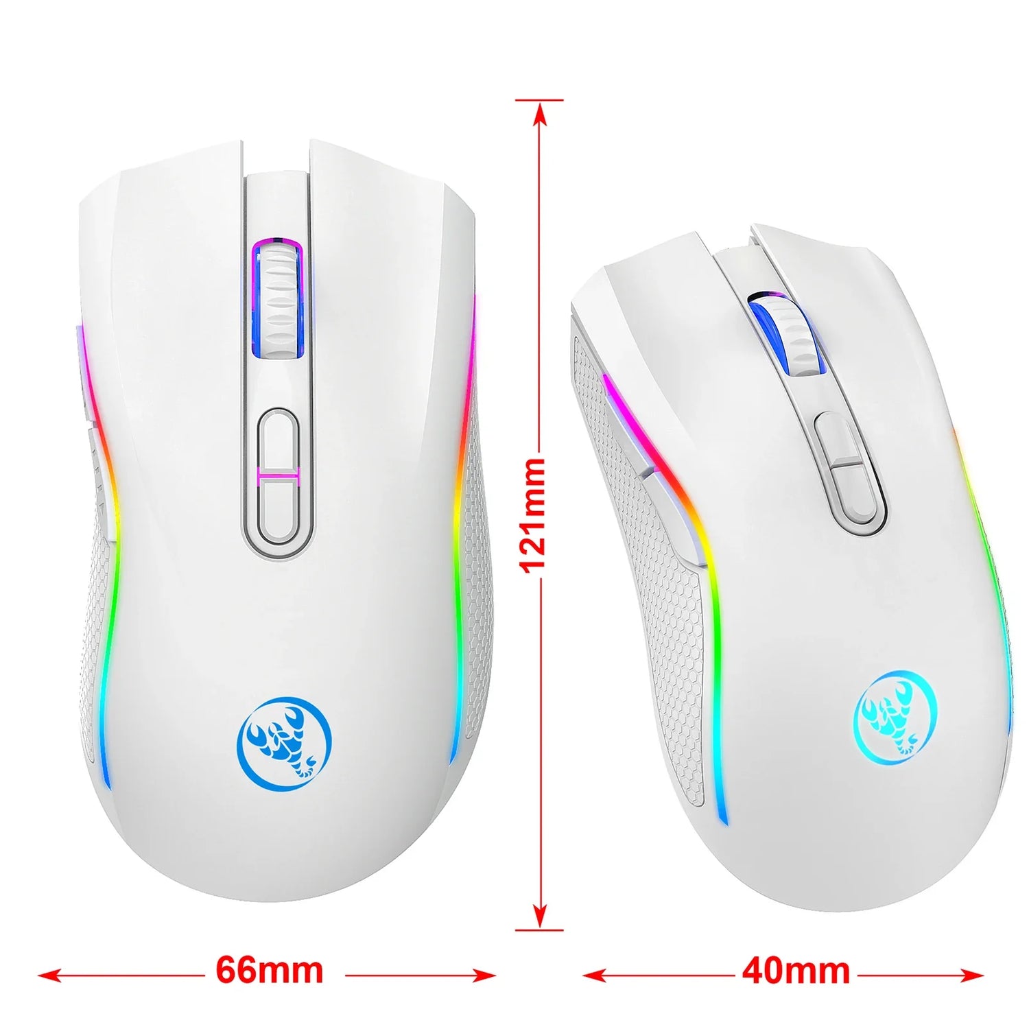 White computer mouse with RGB lighting along the sides and a blue logo.
