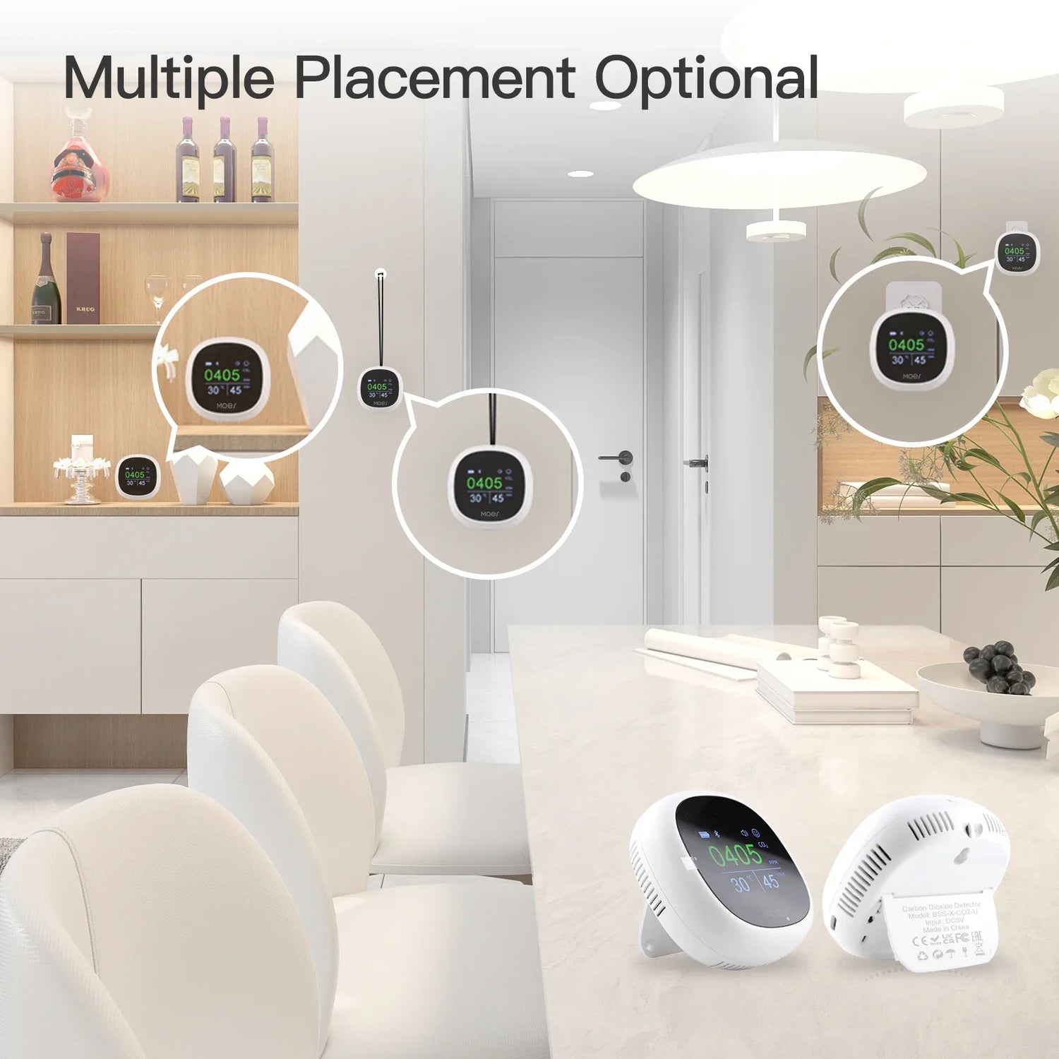 White digital air quality monitor.