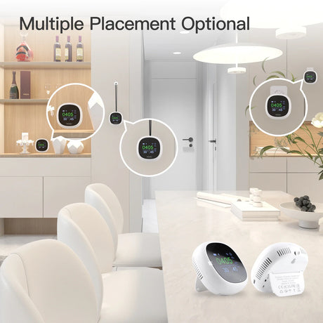 White digital air quality monitor.