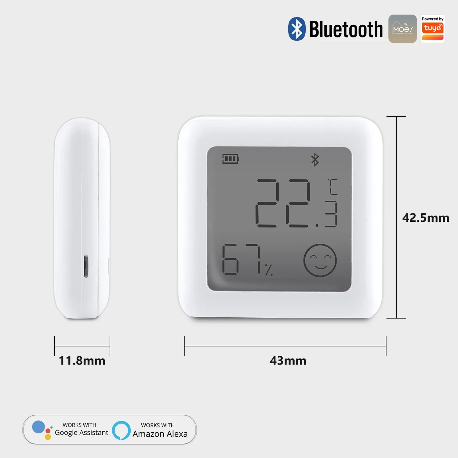 White digital temperature and humidity sensor with dimensions.