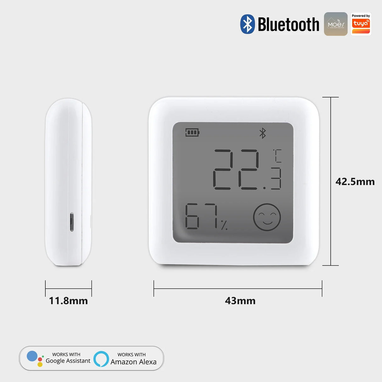 White digital temperature and humidity sensor with dimensions.