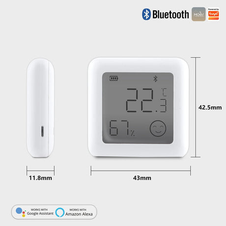 White digital temperature and humidity sensor with dimensions.