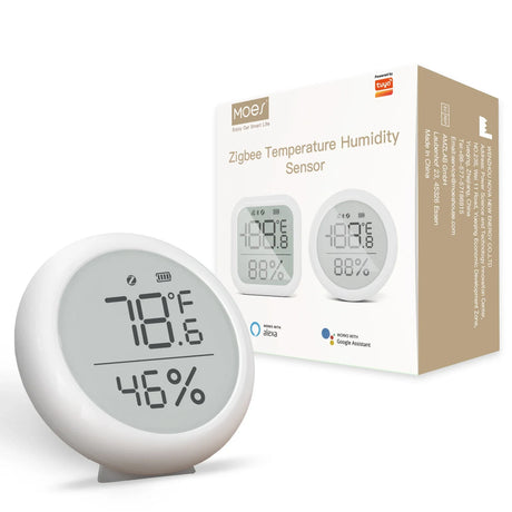 White digital temperature and humidity sensor.