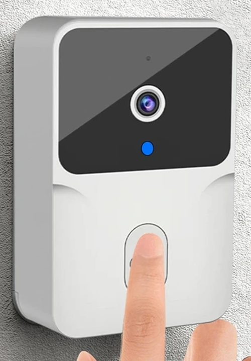 White doorbell camera with a button.