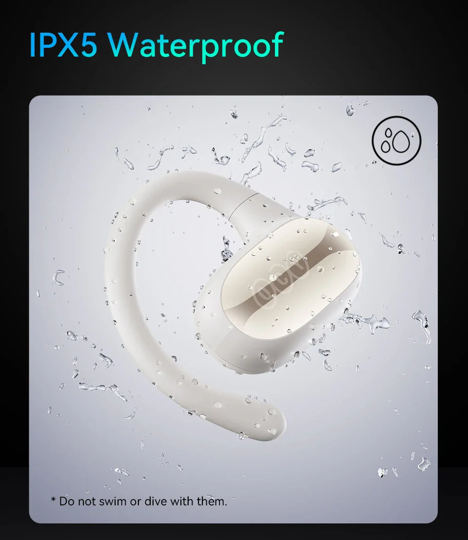 White ear-hook style wireless earbud surrounded by water droplets.