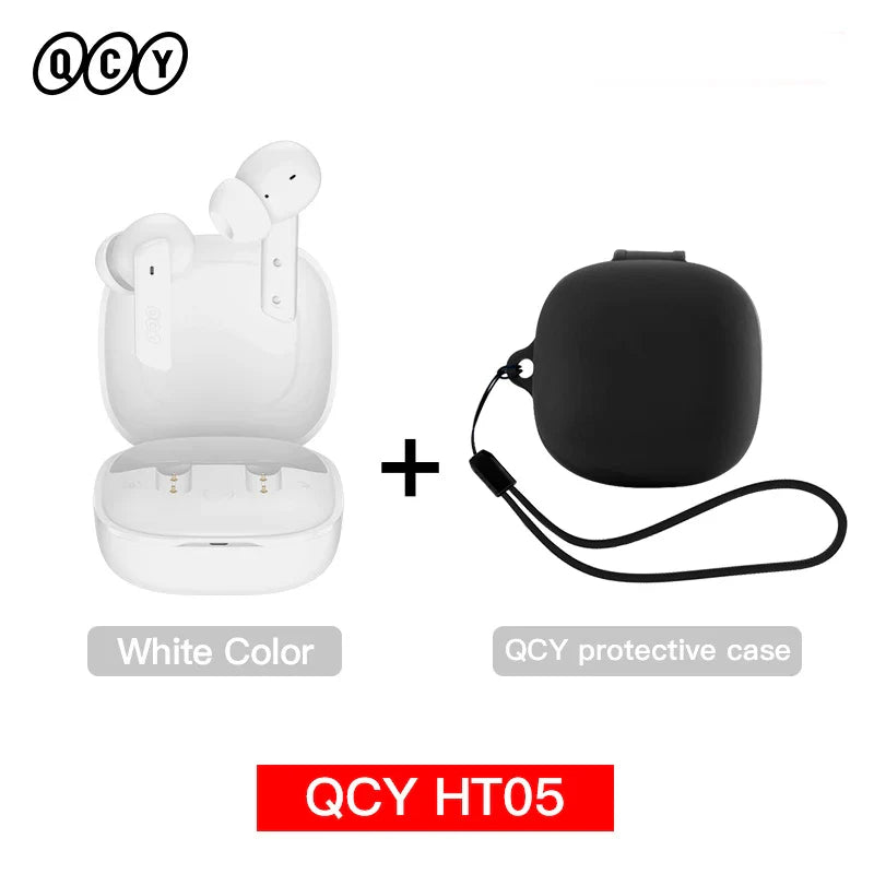 White earbuds with charging case and black protective case.