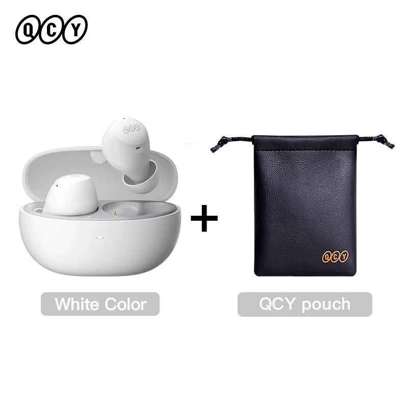 White earbuds with charging case and black pouch.