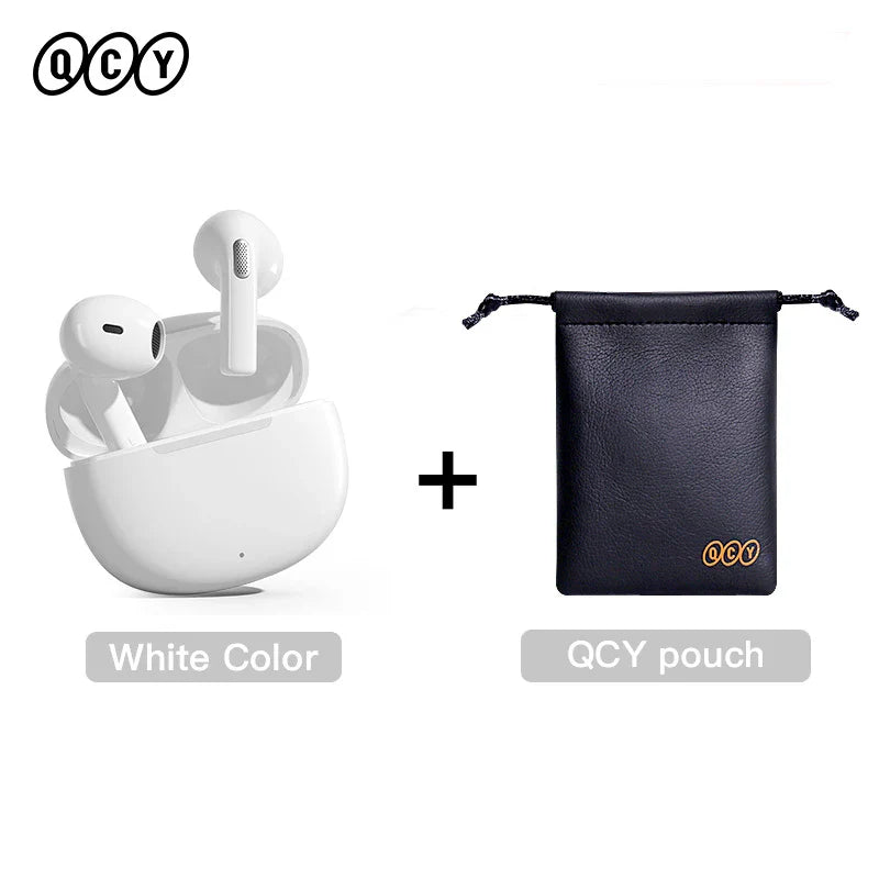 White earbuds with charging case and black pouch.