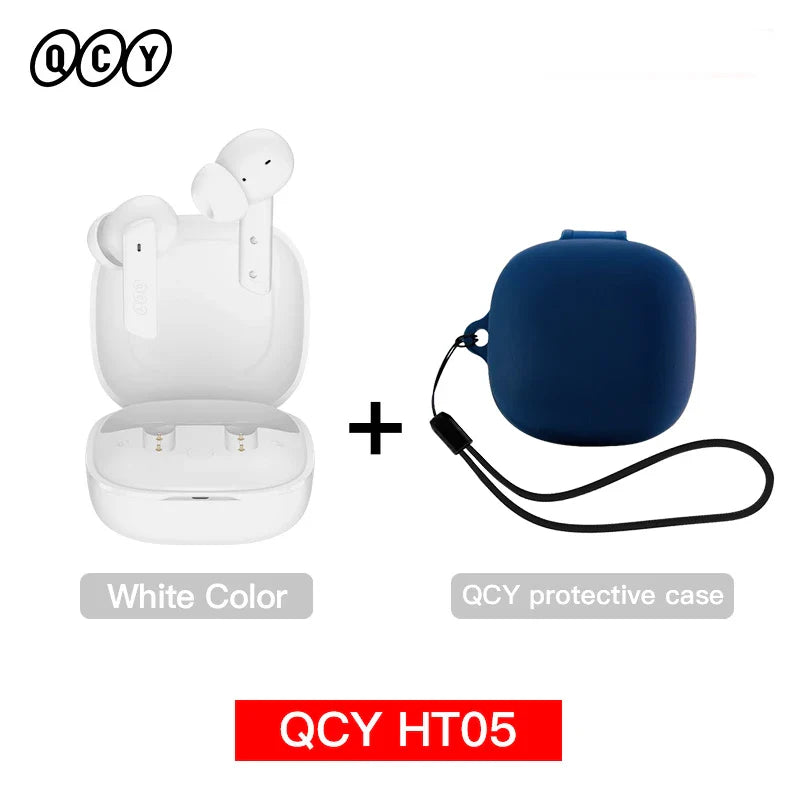 White earbuds with charging case and blue protective case.