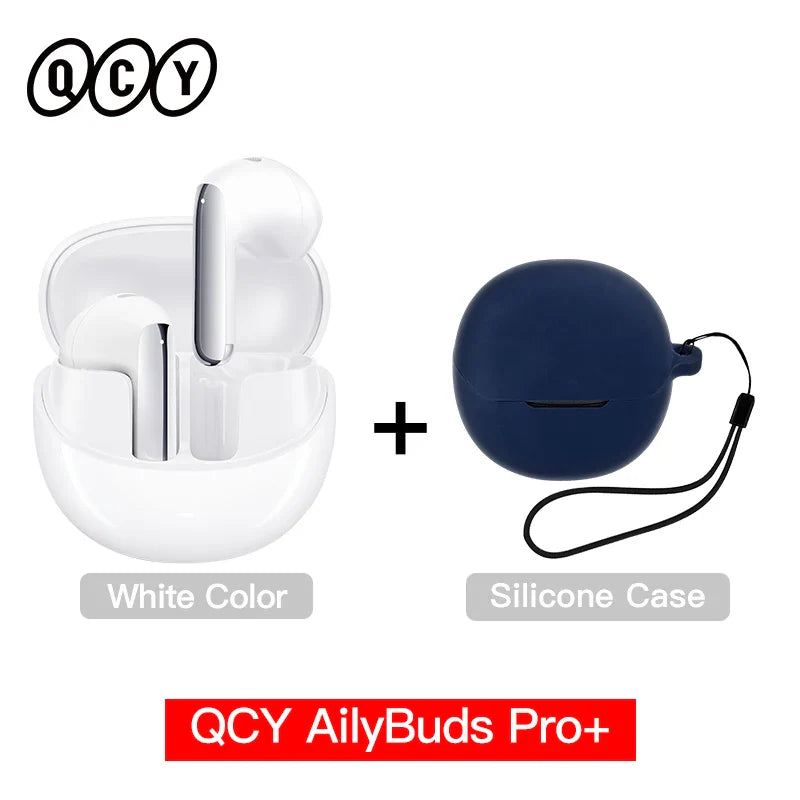 White earbuds with charging case and blue silicone case.