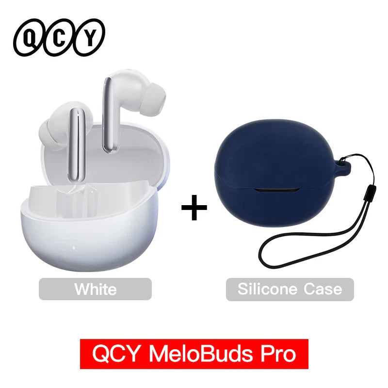 White earbuds with charging case and blue silicone case.