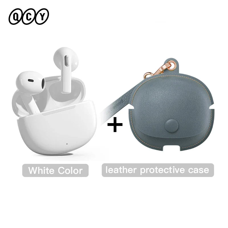 White earbuds with charging case and leather protective case.