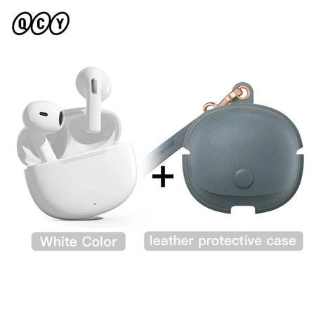 White earbuds with charging case and leather protective case.